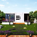 Rustic Guesthouse Building With Wooden Roof Stone Walls Front Porch Clay Pots Purple Flowers