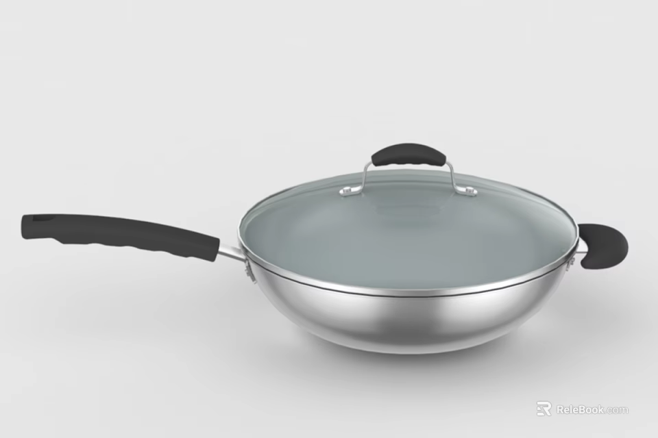 Stainless Steel Frying Pan With Black Handle Transparent Lid And Smooth Surface Design 3d model 