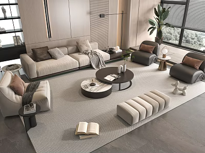 Elegant Modern Sofa Coffee Table Set With Beige Fabric Round Marble Top And Accent Chairs 3d model