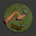 3D Orange Fox Game Character With Blue Shorts Green Base And Wood Log Skeleton Stones