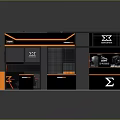 Modern Exhibition Booth Design With Black Orange Theme And Display Counters Tables Chairs 3d model