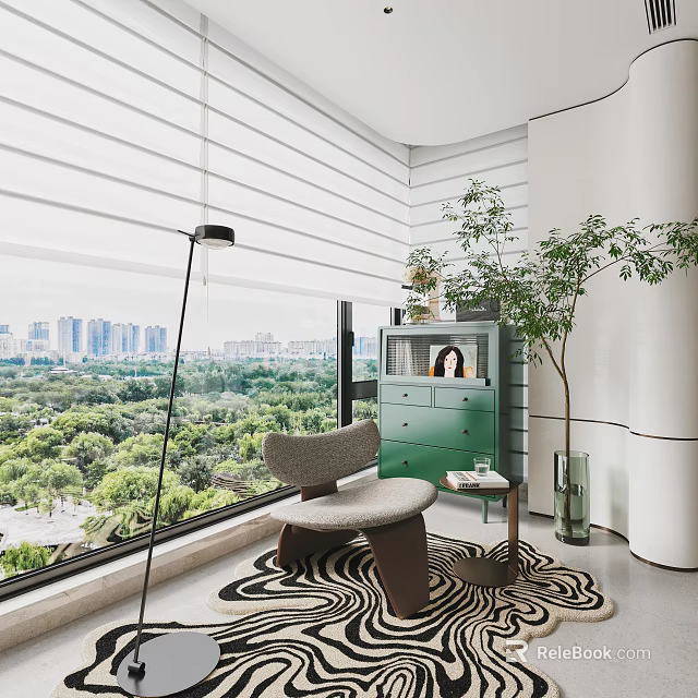 Modern Home Balcony Design with Roller Blinds City View Armchair Green Cabinet and Tall Plant 3d model 