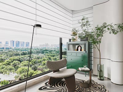 Modern Home Balcony Design with Roller Blinds City View Armchair Green Cabinet and Tall Plant 3d model