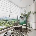 Modern Home Balcony Design with Roller Blinds City View Armchair Green Cabinet and Tall Plant