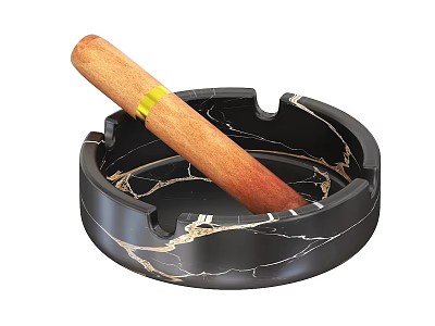 Black Household Ashtray With Gold Crackle Texture And Wooden Cigar 3d model