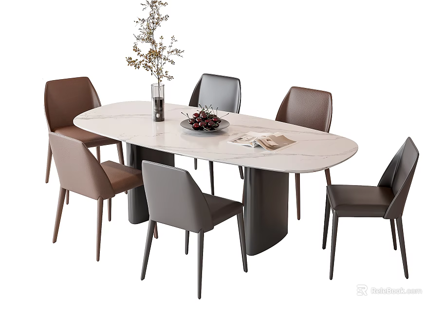 Modern Oval Dining Table Set with Marble Top Multi Colored Chairs Vase and Fruit Bowl 3d model