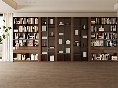 Modern Study Room Interior With Wooden Bookshelves Filled With Books And Decorations 3d model