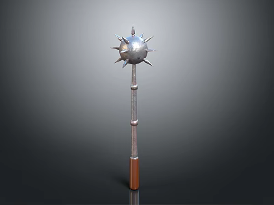 Medieval Spiked Mace Weapon With Silver Metal Head And Brown Wooden Handle 3d model