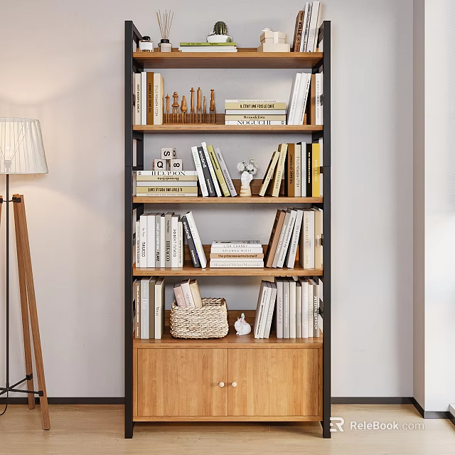 Modern Multi Tiered Bookshelf With Wooden Structure Black Frame Books Decorative Items And Wicker Basket 3d model 