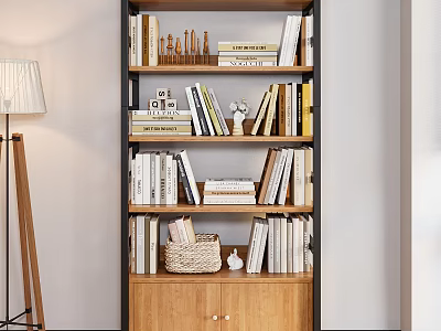Modern Multi Tiered Bookshelf With Wooden Structure Black Frame Books Decorative Items And Wicker Basket 3d model