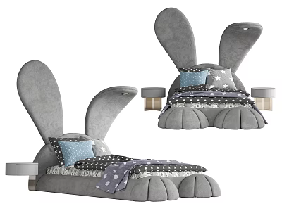 Gray Rabbit Ears Kids Bed with Blue Pillow Star Pattern Bedding and Side Tables 3d model