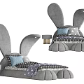 Gray Rabbit Ears Kids Bed with Blue Pillow Star Pattern Bedding and Side Tables 3d model