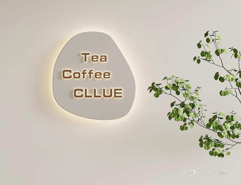 Wall Lamp With Illuminated Tea Coffee CLUE Text Irregular Shape On Light Wall Green Plants 3d model 