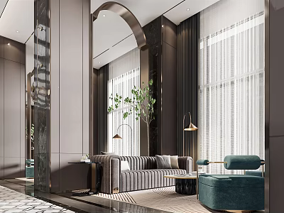 Elegant Modern Lounge Area Interior With Striped Sofa Teal Armchair Arched Mirror And Green Plant 3d model