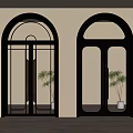 Elegant Black Double Doors with Golden Handles Glass Panels Arched Top and Potted Plants