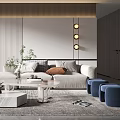 Modern Living Room Interior With White Sofa Area Rug Decorative Painting And Blue Stools