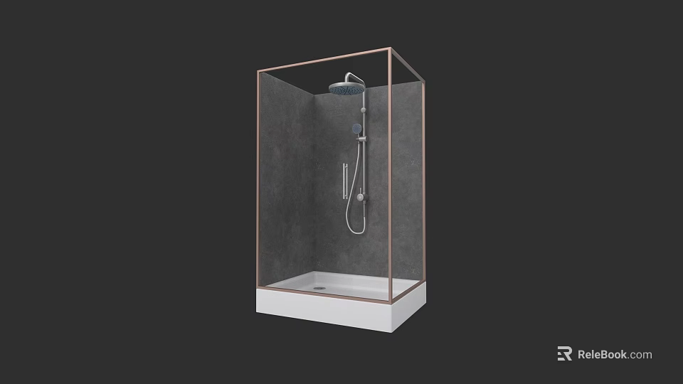 Modern Glass Shower Enclosure With Rose Gold Frame Overhead And Handheld Shower Head 3d model 