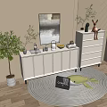 White Dresser With Sideboard Decorative Items Plant Artwork On Wooden Floor And Rug