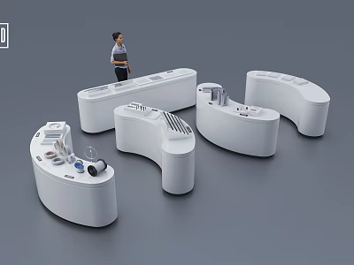 Tech Exhibition Hall With Visitor Standing By White Curved Display Counters And Devices 3d model