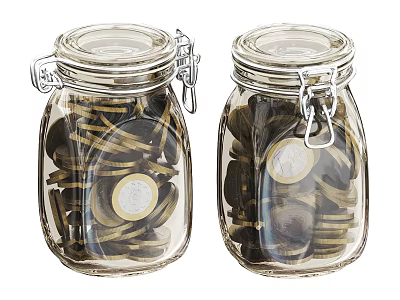 Transparent Glass Jars with Metal Clasp Lids Filled with Coins for Home Storage 3d model