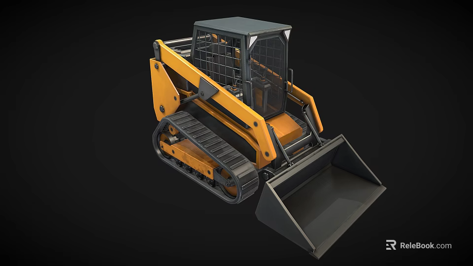 Tracked Skid Steer Loader With Yellow Body Black Bucket And Protective Cage 3d model 