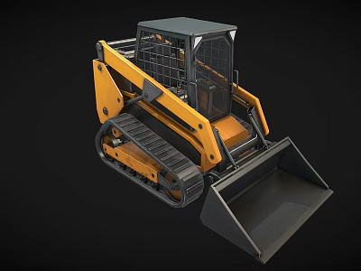 Tracked Skid Steer Loader With Yellow Body Black Bucket And Protective Cage 3d model