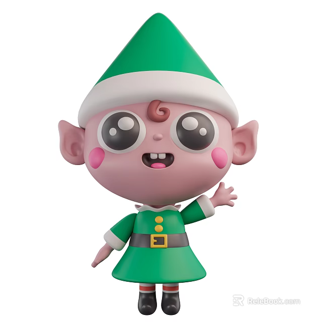 Cute Cartoon Elf Character With Green Hat White Trim Big Eyes Pink Cheeks Waving Hand 3d model 