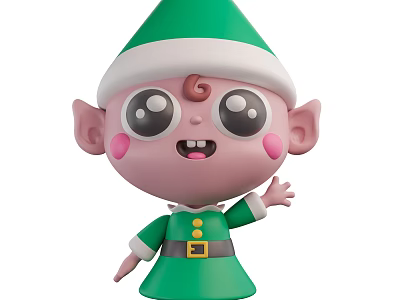 Cute Cartoon Elf Character With Green Hat White Trim Big Eyes Pink Cheeks Waving Hand 3d model