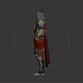 Mythical Warrior Character With Ornate Golden Blue Armor And Red Decorative Cape