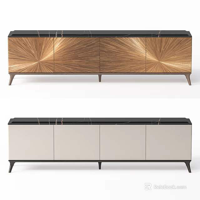Modern Wooden Dresser With Starburst Pattern And Black Marble Top Design 3d model 