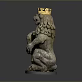 Detailed Stone Lion Statue Wearing Golden Crown Holding Shield On Gray Base