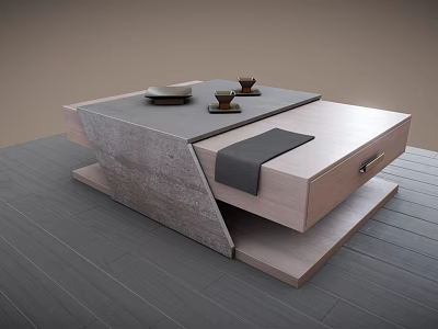 Modern Coffee Table with wooden stone top featuring bowl cups cloth and layered design 3d model