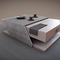 Modern Coffee Table with wooden stone top featuring bowl cups cloth and layered design