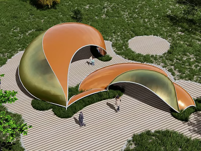 Park Landscape Featuring Orange and Green Curved Canopies with Grass Stone Pathways and People Walking 3d model