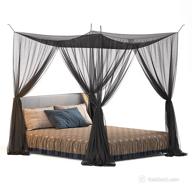 Stylish Double Bed With Black Canopy Gray Headboard And Decorative Pillows 3d model 