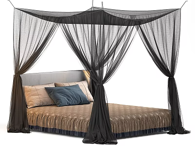 Stylish Double Bed With Black Canopy Gray Headboard And Decorative Pillows 3d model