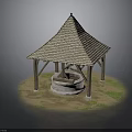 Traditional Rustic Well Structure With Thatched Roof Wooden Pillars And Stone Platform