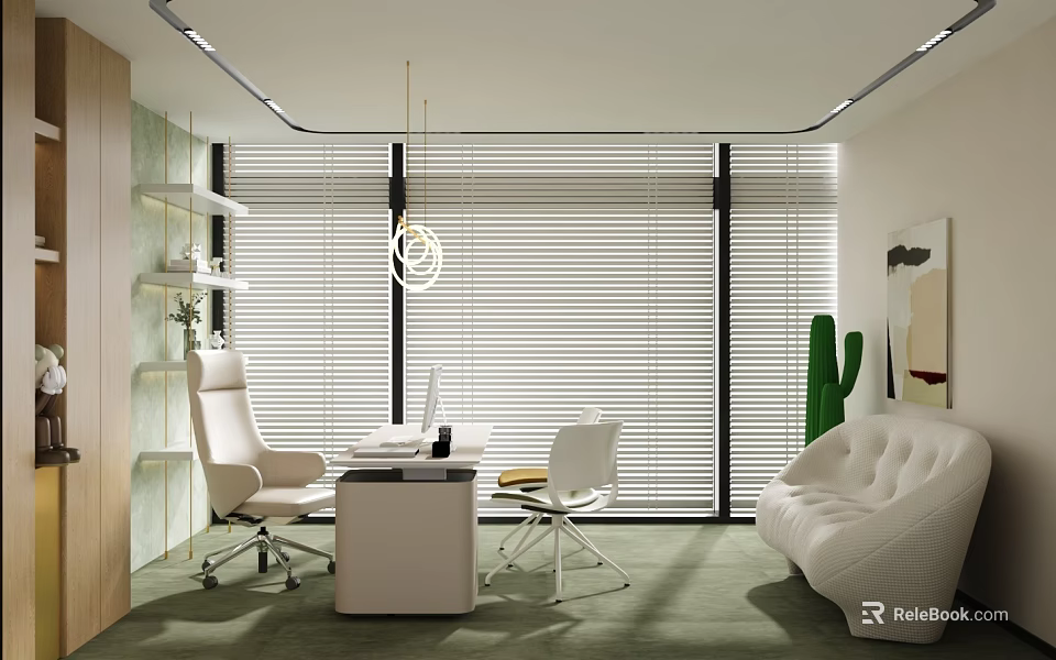 Modern Open Office Interior With White Furniture Green Plants And Large Windows Blinds 3d model 