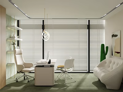 Modern Open Office Interior With White Furniture Green Plants And Large Windows Blinds 3d model