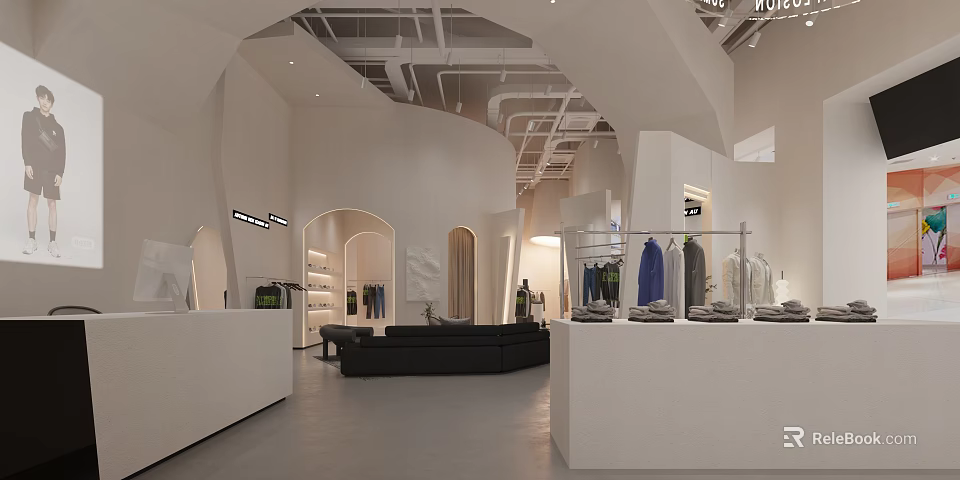 Modern Minimalist Clothing Store Interior With Curved White Walls Clothing Racks And Sofa 3d model 