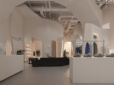Modern Minimalist Clothing Store Interior With Curved White Walls Clothing Racks And Sofa 3d model