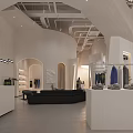 Modern Minimalist Clothing Store Interior With Curved White Walls Clothing Racks And Sofa