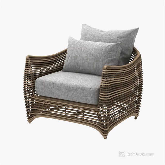 Comfortable Rattan Leisure Chair With Brown Woven Frame And Gray Cushions 3d model 