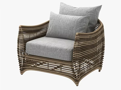 Comfortable Rattan Leisure Chair With Brown Woven Frame And Gray Cushions 3d model