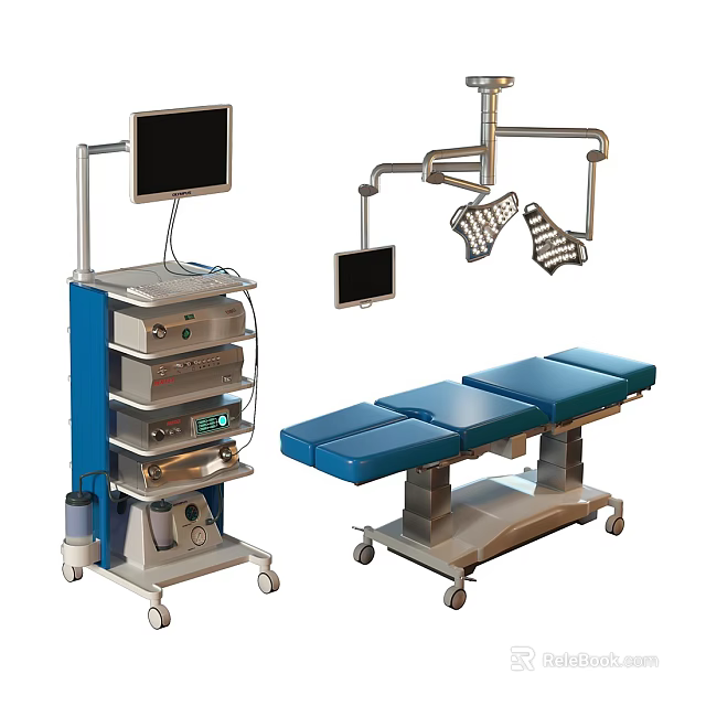 Modern Medical Equipment With Surgical Table Cart Monitor And Surgical Light 3d model 