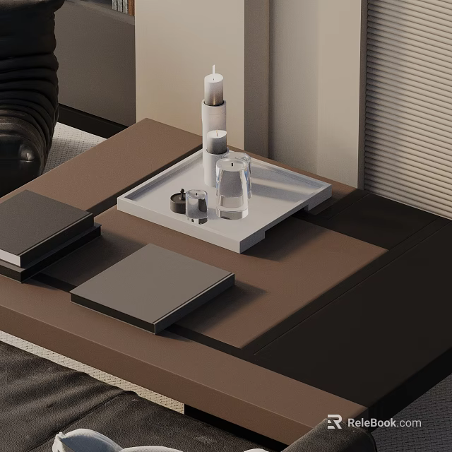 Modern Square Sofa Coffee Table Set With Brown Tabletop And Decorative Candle Glass Items 3d model 