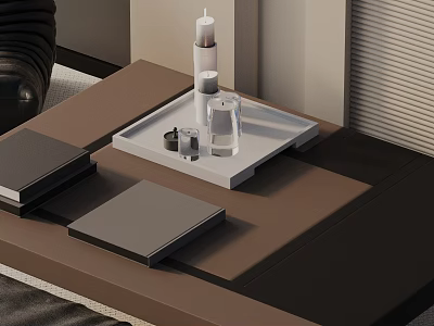 Modern Square Sofa Coffee Table Set With Brown Tabletop And Decorative Candle Glass Items 3d model