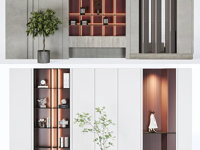 Modern Minimalist Bookcase Interior Design With Layered Shelves Books Decorative Items And Green Plants 3d model