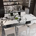 Modern Dining Table Set With Marble Top And White Chairs In Kitchen With Pendant Light 3d model