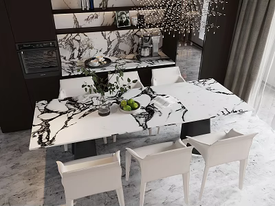 Modern Dining Table Set With Marble Top And White Chairs In Kitchen With Pendant Light 3d model
